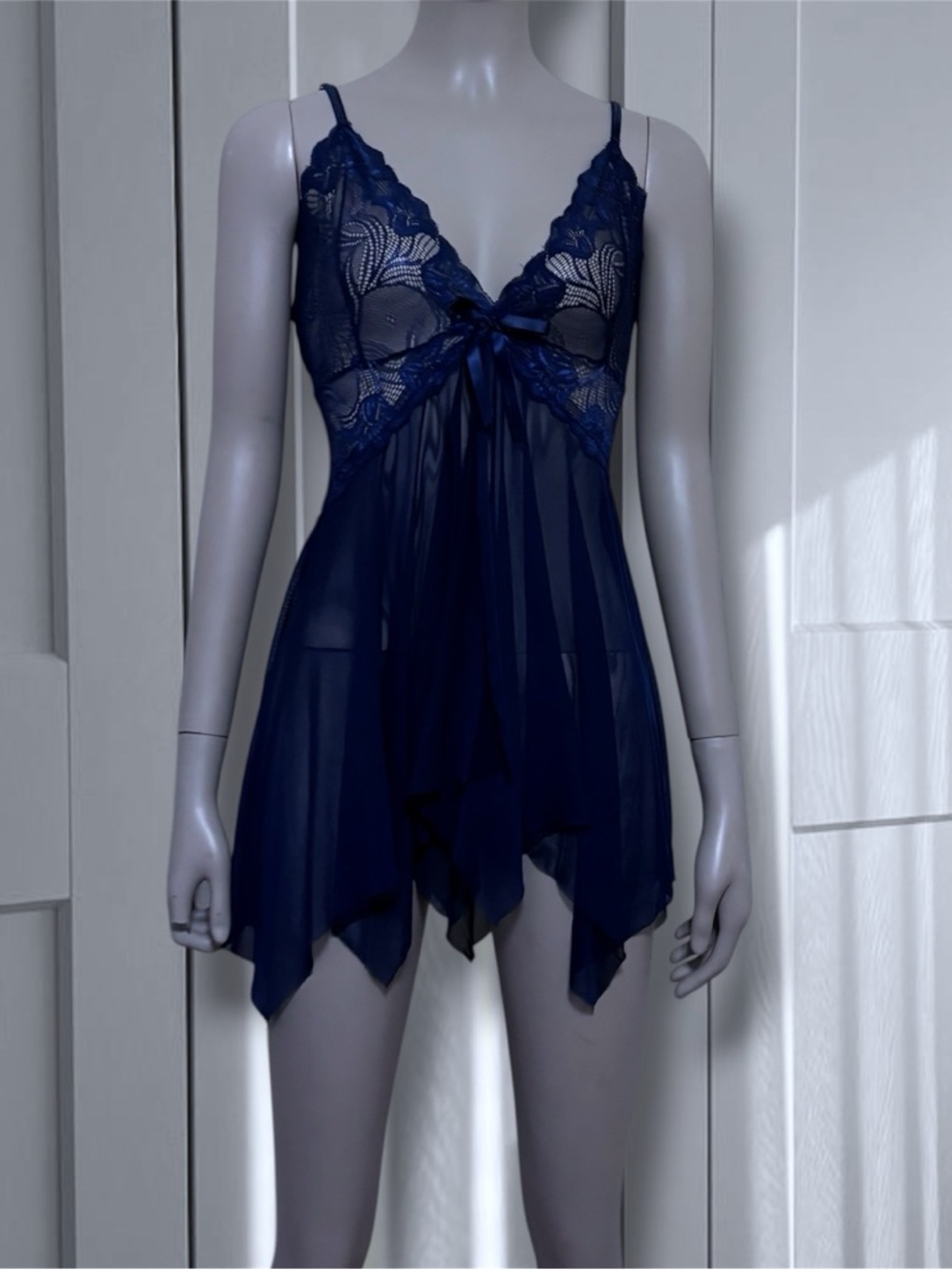 Navy Blue Lace Mesh Babydoll Slip Dress